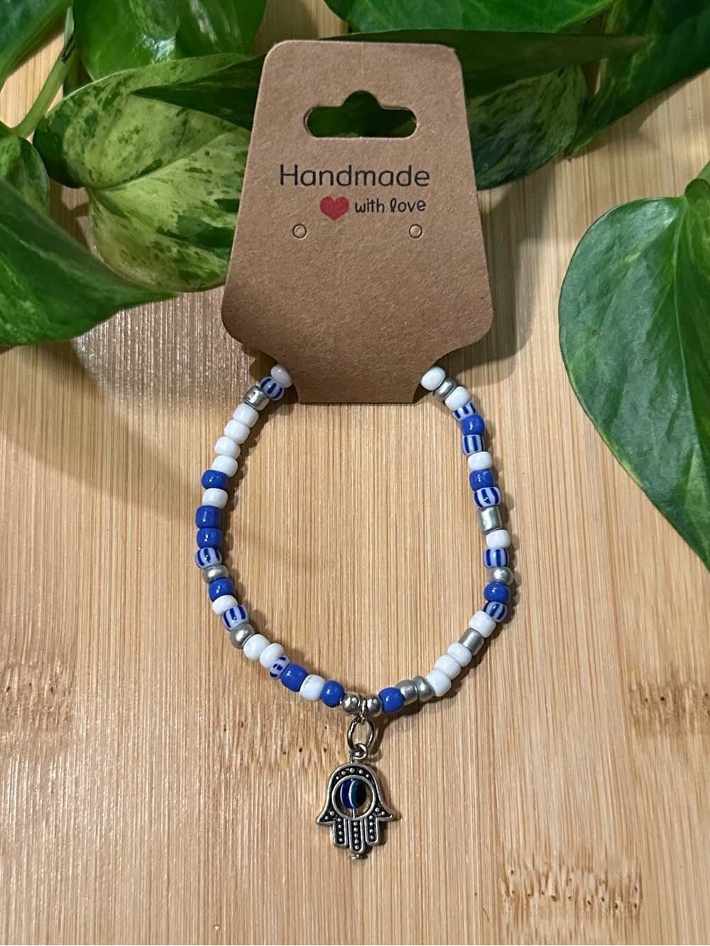 Hamsa Hand Stretchy Beaded Bracelet | Handmade | Silver Dangle‎ Charm